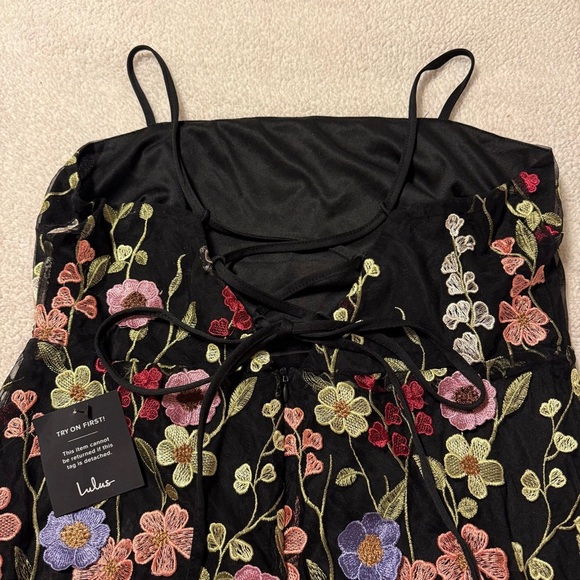 Lulu's Black Thriving Energy Black 3D Floral Embroidered Lace-Up Midi Dress - Picture 10 of 16
